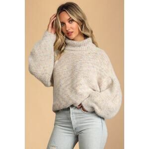Lulus Get Creative Cream Multi Oversized Turtleneck Sweater White - Size M